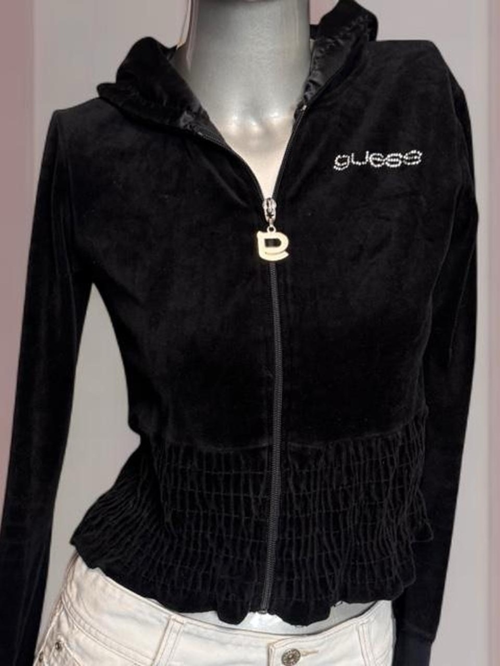 Guess black velvet zip up jacket with rhinestone logo
